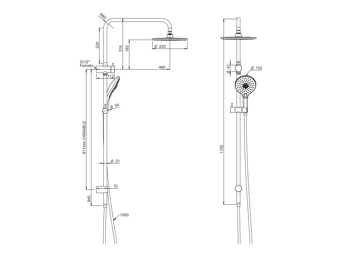 Posh Domaine Twin Rail Shower with Top Rail Water Inlet Chrome - Image 2